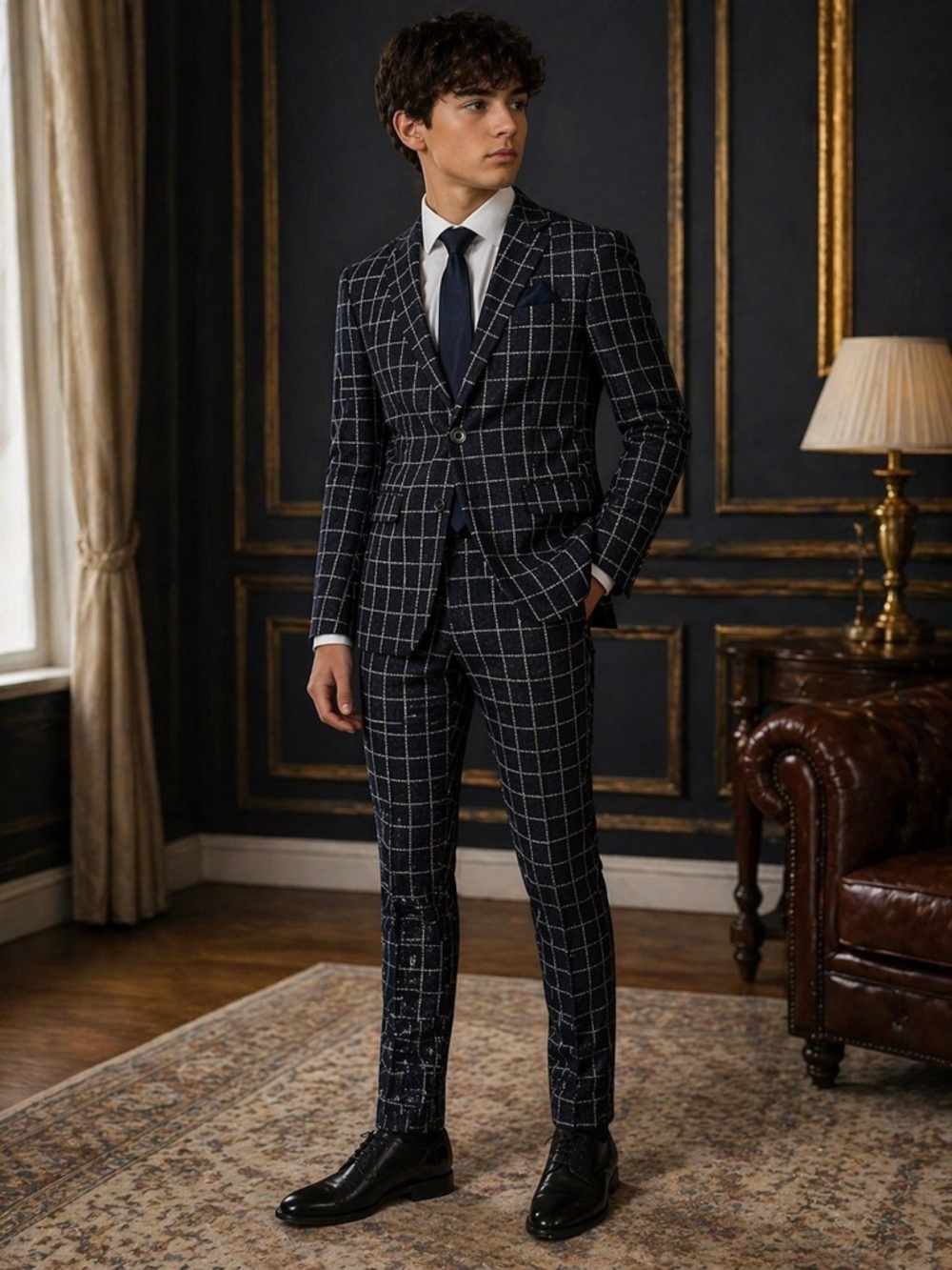 Tazio Mens Suit Set 2 Piece Size 14 Blazer Pants Windowpane Plaid Formal
